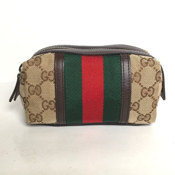 202567 Authentic GUCCI Web Sherry Line Pouch Purse GG Brown Canvas Leather - Picture 1 of 11
